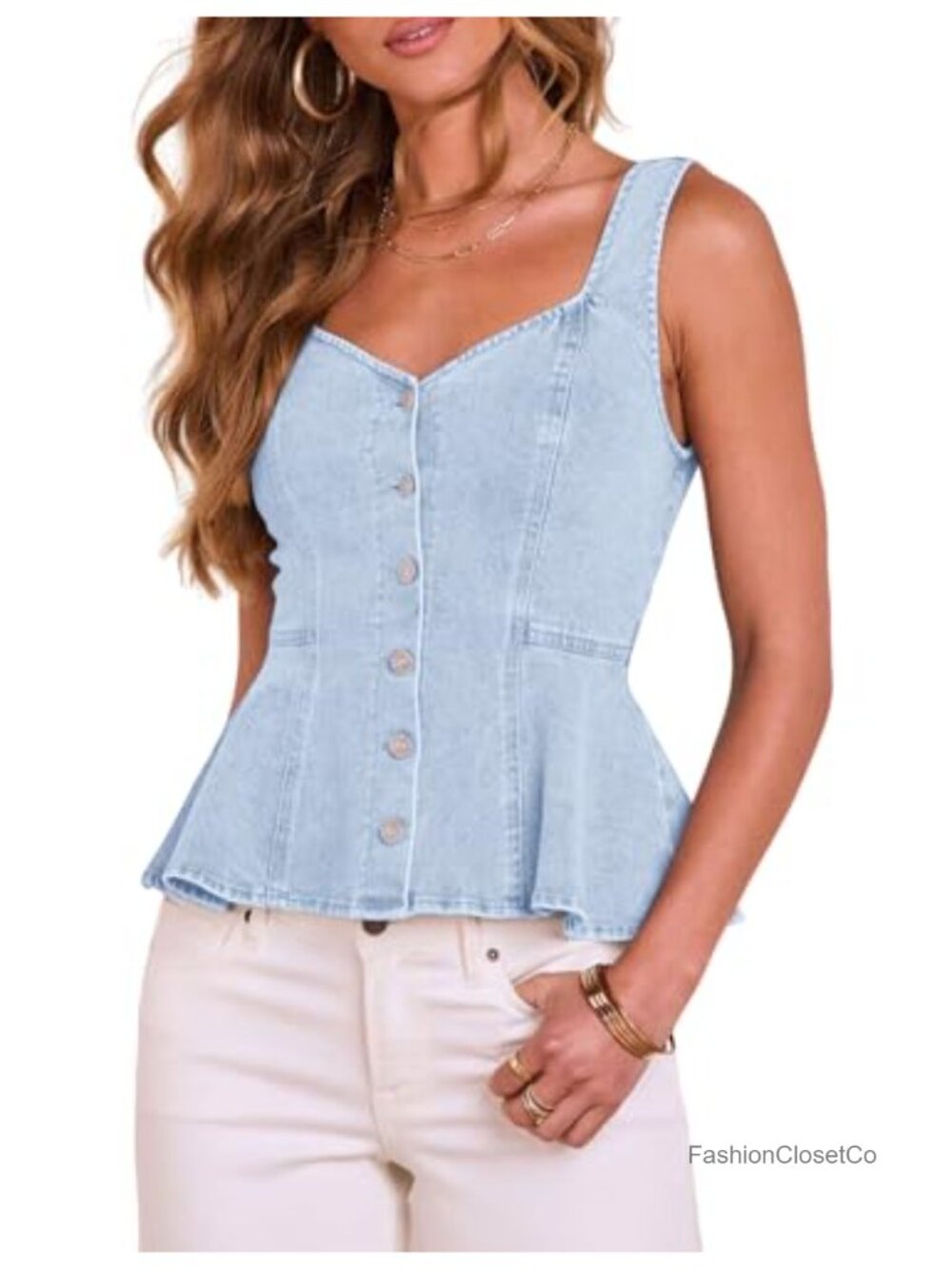Denim Tank Top Sleeveless Sweetheart Neck Peplum Button Front Fitted Vest